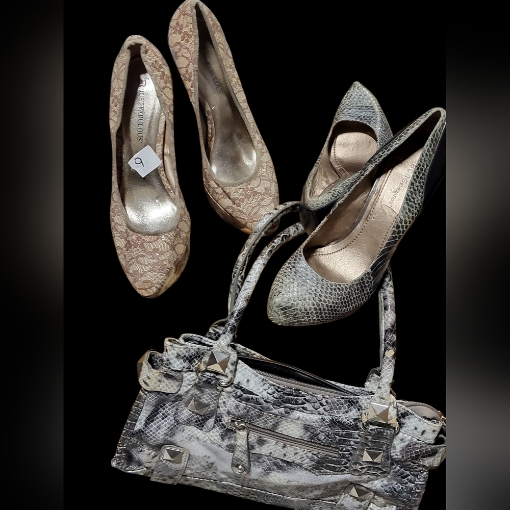 Neutral Lace Pumps and Snakeskin Handbag Set - Beige & Gray